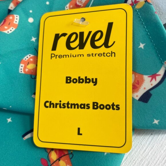 Revel Christmas Boots Scrub Top Womens Large Green New Premium Stretch - Picture 9 of 10